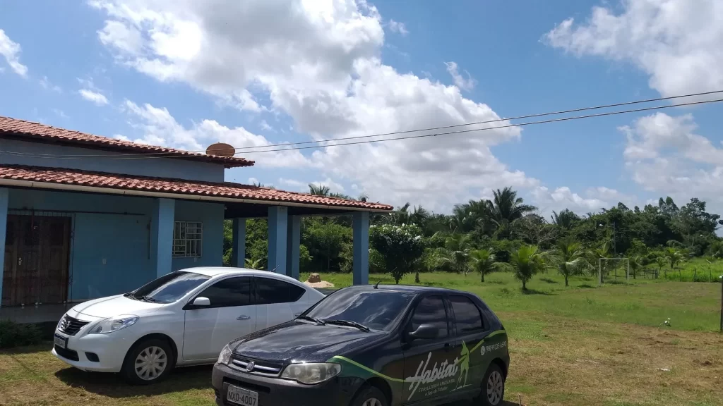 Dois carros ao lado de uma casa em um campo aberto com grande vegetação.