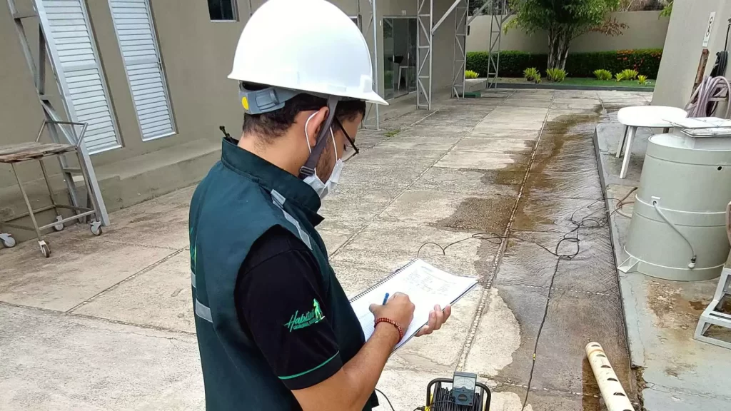 Profissional técnico realizando monitoramento de poço em pé ao lado de um restaurante do empreendimento.